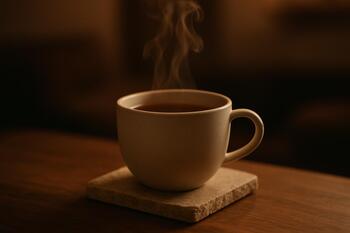 Steam rising from evening tea on stone coaster