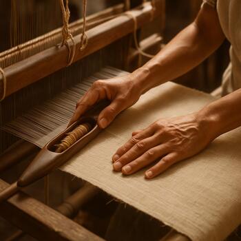 Hands working at a handloom