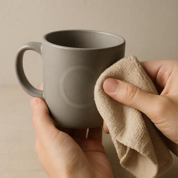 Stoneware cup with a faint ring being cleaned
