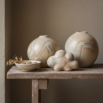 Oat smoke neutrals on a small shelf