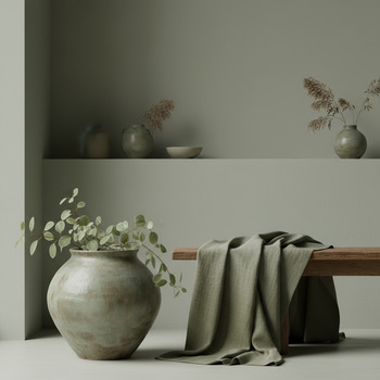 Sage-tinted scene with planter and cloth