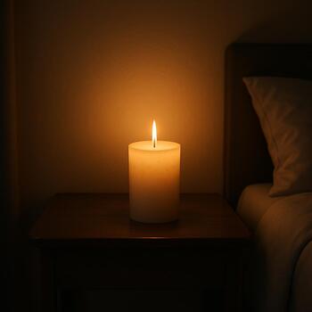 Candle on a night shelf with a gentle halo