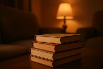 Small stack of books with a soft top light