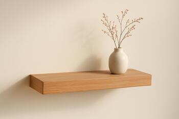 Minimal oak wall shelf with ceramic vase