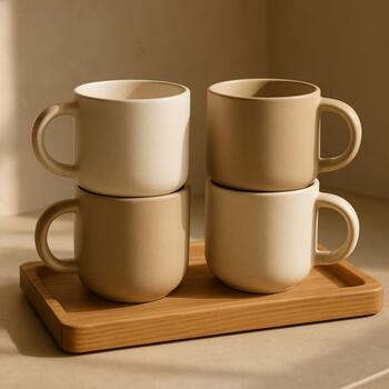 Matte stoneware mugs stacked on oak tray