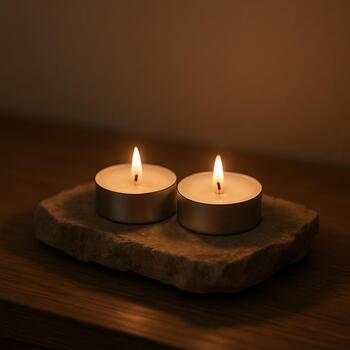 Two tea lights resting on a stone base