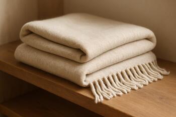 Woolen throw folded on a matte step