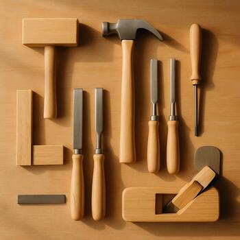 Quiet workbench with hand tools neatly arranged